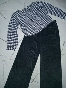 Chic Gingham Top &amp; Velvet Pants Set