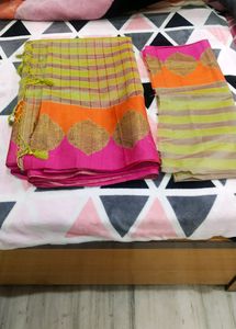 Green N Pink Saree with stiched blouse