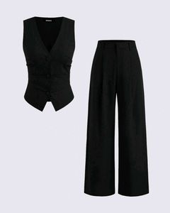 Chic Black Vest and Wide-Leg Pants Set
