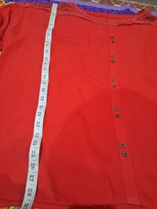 Red Button-Down Top with Crochet Detail
