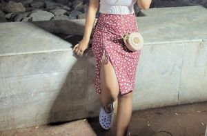 Floral Ruched Drawstring Slit Skirt b