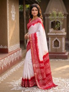 Red &amp; White Hand Block Print Saree