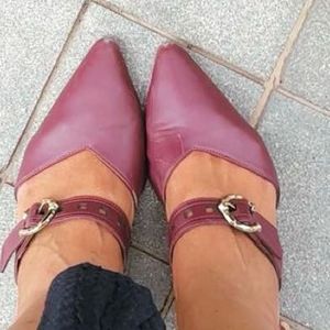 Burgundy Block Heel Mules with Buckle