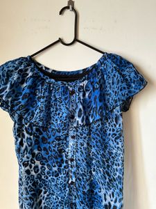 Blue Leopard Print Ruffle Top