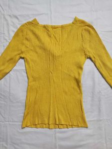 Mustard Yellow Ribbed Twist Front Top