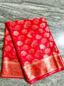 Vibrant Red Saree with Golden Floral Motif