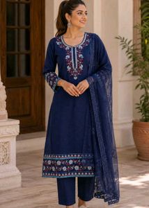 Embroidered Navy Blue Kurta Set with Dupatta