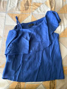 Blue One-Shoulder Ruffle Top