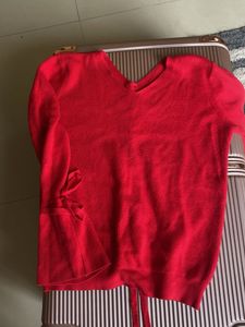 Chic Red Ribbed Bell Sleeve Sweater