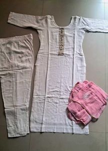 White Kurta with Pink Dupatta Set