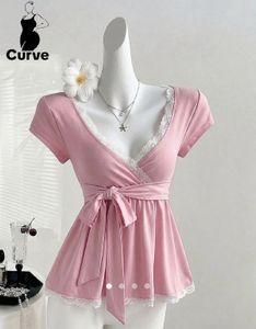 Chic Pink Lace Trim Wrap Top