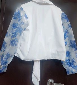 White Top Blue Floral Print Sleeves For 42 Bust