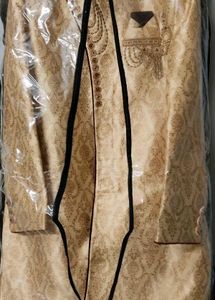 Sherwani- Golden With Maroon Highlights And Button