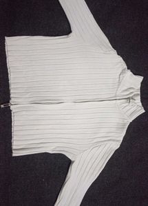 White Ribbed Zip-Up Sweater