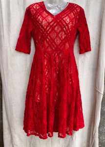 7238. Red Lace Fit and Flare Dress
