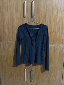 Ribbed Long Sleeve Top with Tie Detail