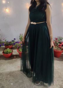 One-Shoulder Green gown with attached dupatta
