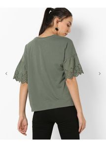 Olive Green Eyelet Sleeve T-Shirt