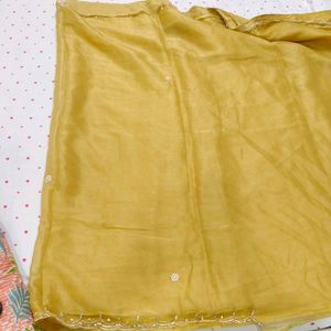 Elegant Golden Saree with Floral Embroidery