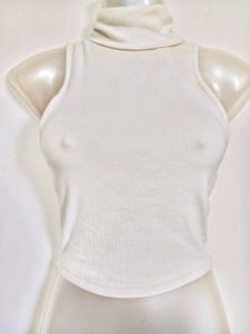 Sleek White Ribbed Turtleneck Tank Top