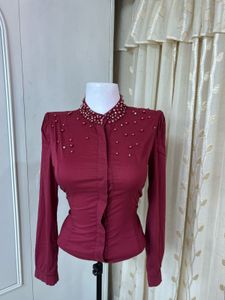 Beaded Collar Long Sleeve Top