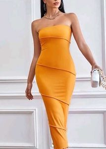 Orange Strapless Bodycon Midi Dress