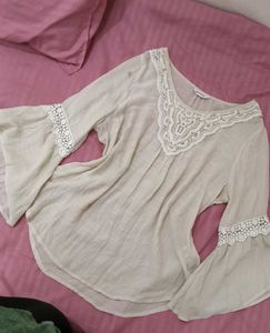 Boho Lace Trim Bell Sleeve Blouse
