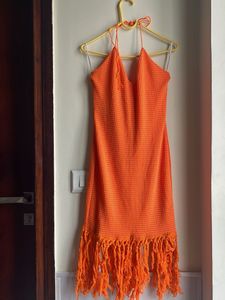 Vibrant Orange Fringed Midi Dress