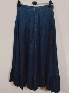 Denim Midi Skirt with Ruffle Hem