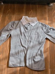 Gray Button-Up Jacket with Polka Dot Collar