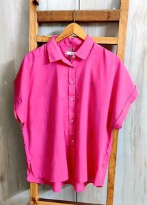 Vibrant Pink Short Sleeve Button-Up Shirt size-46