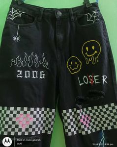 y2k customised printed jeans black charcoal grunge
