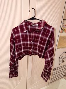 Maroon Plaid Cropped Button-Up Shirt