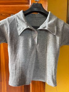 Grey Ribbed Polo Crop Top