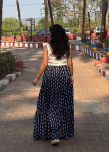 Navy Blue Printed Tiered Maxi Skirt