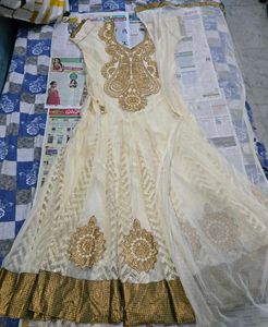 Heavy Work Cream Anarkali Set with Gold Embroidery