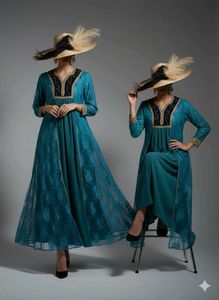 Elegant Teal Embroidered Ethnic Gown