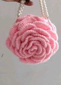 Chic Pink Rose Crochet Handbag with Pearl Strap