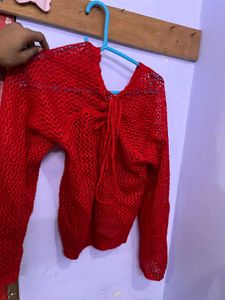 Chic Red Crochet Knit Sweater
