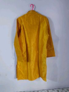Manyavar Men's Yellow Kurta with Beige Pants