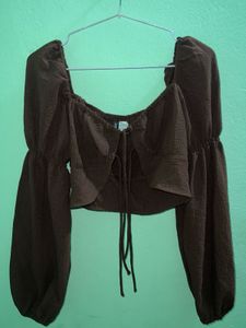 Chic Brown Lace-Up Puff Sleeve Top
