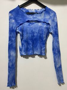Blue Tie-Dye Cut-Out Long Sleeve Top
