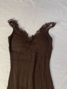 Elegant Brown Lace Trim Maxi Dress