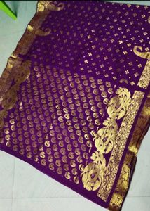 Purple Silk Saree with Gold Print