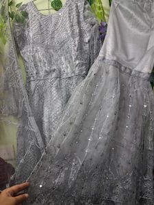 Elegant Silver Sequined Kurta Set with Dupatta