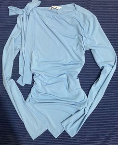 Baby Blue Asymmetric Ruched Full-Sleeve Top