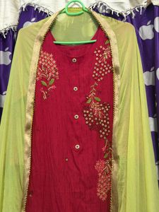 Vibrant Red green Kurta Set with Dupatta