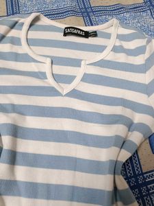 Blue and White Striped V-Neck Top