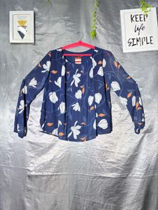 Navy Floral Print Pleated Blouse