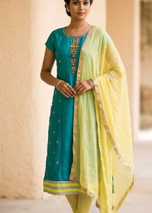 Vibrant Teal Embroidered Ethnic Dress Full Set